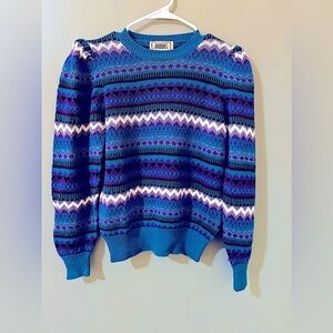 Vintage 80s Brooks Womens LG Sweater Geometric Stripe Zig Zag Pink Blue Ruffled
